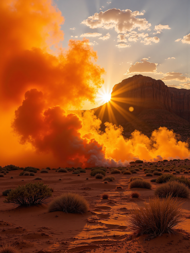 动作冒险电影海报，沙漠背景，主角驾驶越野车，爆炸火光效果，橙黄色调，电影海报风格